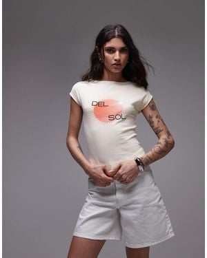 TOPSHOP Graphic Del Sol Cap Sleeve Slash Neck Tee - Brown