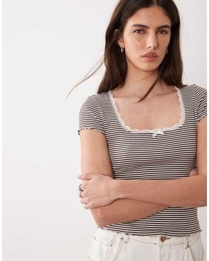 Miss Selfridge Stripe Square Neck Lace Trim Short Sleeve Top - Grey