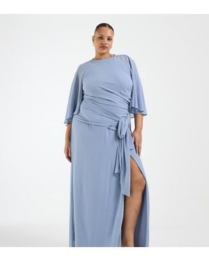 Tfnc Plus Bridesmaids Chiffon Flutter Sleeve Tie Detail Thigh Split Maxi Dress - Blue