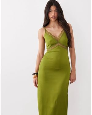 ONLY Satin Feel Maxi Dress With Lace Detail - Green