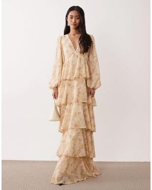 Pretty Lavish Ruffle V Neck Long Sleeved Maxi Dress - Natural
