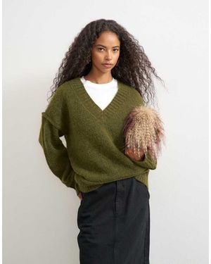 TOPSHOP Jersey De Punto Con Cuello De Pico Pronunciado Y Lana En Verde-Naranja