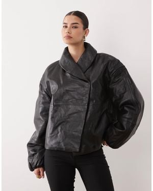 Mango Capsule 100% Leather Padded Funnel Neck Jacket - Black