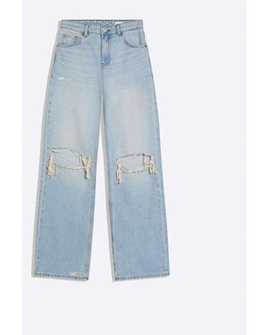 Bershka High-waist Wide-leg Ripped Jeans - Blue
