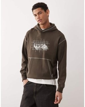 HUGO Nothalium Graphic Chest Print Logo Hoodie - Grey