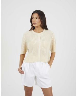 Brave Soul Short Sleeve Crew Neck Fisherman Knit Cardigan - White
