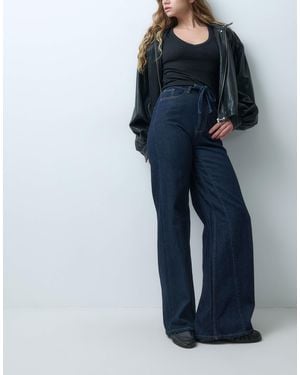 Aware Tie Waist Wide Leg Jeans With Contrast Stitching - Blue