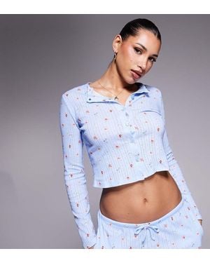 Kaiia Exclusive Cotton Rich Pointelle Button Through Pyjama Top Co-Ord - Blue