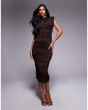 TFNC London High Neck Padded Shoulder Midi Dress - Brown