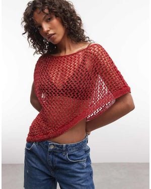 Reclaimed Vintage Crochet Knit Metallic Poncho - Red