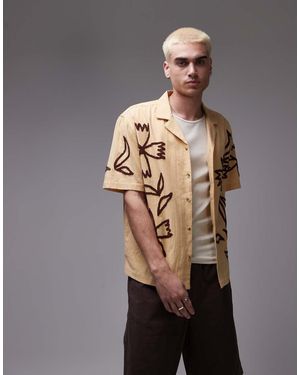 TOPMAN Relaxed Fit Camp Collar Embroidered Shirt - Grey