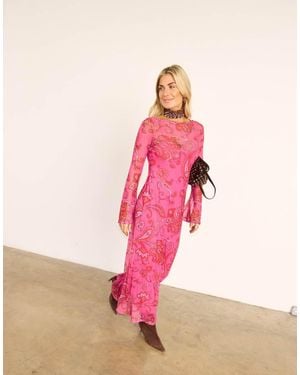 Never Fully Dressed Mesh Slash Neck Flared Sleeve Maxi Dress - Pink