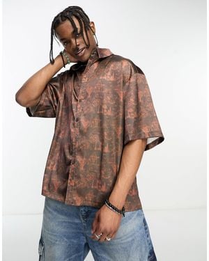 Collusion Festival Short Sleeve Satin Shirt - Brown