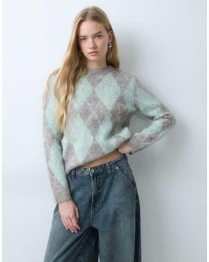 Threadbare Jersey De Punto Argyle Con Cuello Redondo Cepillado En Avena Y Salvia - Azul