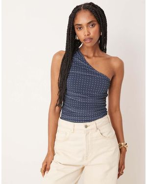 ASOS Polka Dot Mesh Gathered One Shoulder Bodysuit - Blue