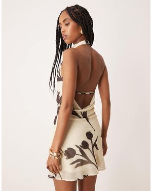 ASOS Mini Jurk Met Linnenlook, Gedrapeerde Hals En Open Achterkant - Naturel
