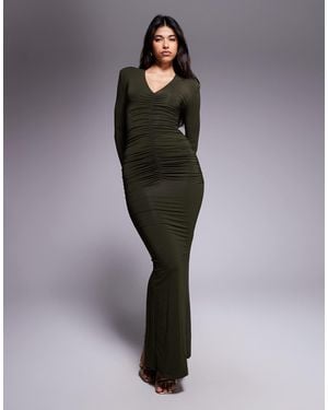 Wanderdoll Drew Sculpting Second Skin Shoulder Pad Detail Plunge Neck Ruched Maxi Dress - Green