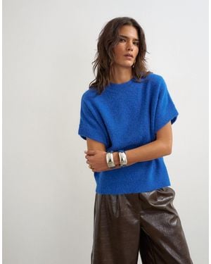 TOPSHOP Knitted Fluffy Short Sleeve Top With Wool - Blue