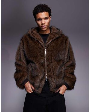 Liquor N Poker Boxy Faux Fur Bomber Jacket - Brown
