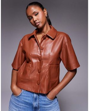River Island Faux Leather Short Sleeve Shirt - Brown