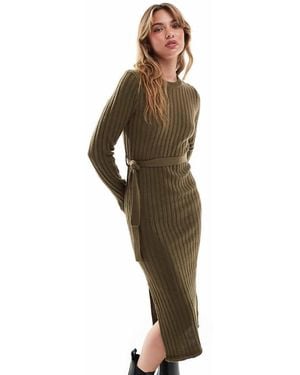 Brave Soul Knitted Midi Dress With Slit - Green