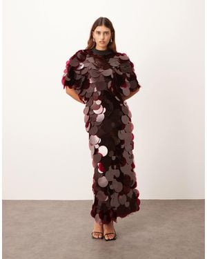 ARRANGE High Neck Disc Sequin Fringe Hem Maxi Dress - Red