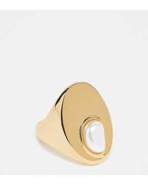 ASOS Premium 14k Plated Signet Ring With Brushed Pearl - Metallic