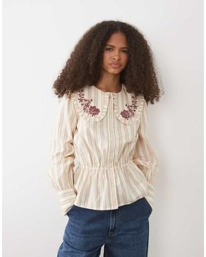 Miss Selfridge Embroidered Collar Blouse - Natural