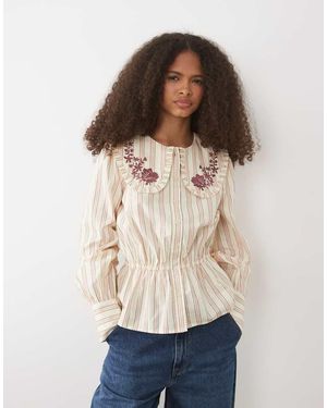 Miss Selfridge Blusa A Righe Con Colletto Ricamato - Neutro