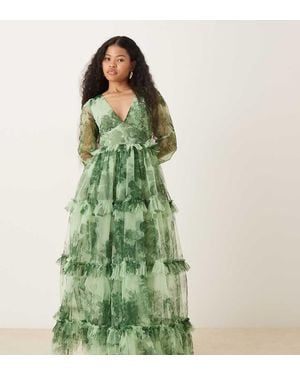 LACE & BEADS Tulle Plunge Neck Sheer Sleeve Tiered Maxi Dress - Green