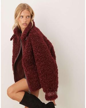 Amy Lynn Textu Faux Fur Aviator Coat - Red
