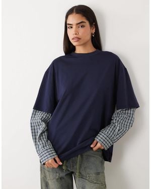 Lioness 2 In 1 Oversized T-shirt Overlay And Check Diamante Long Sleeve Shirt In Check - Blue