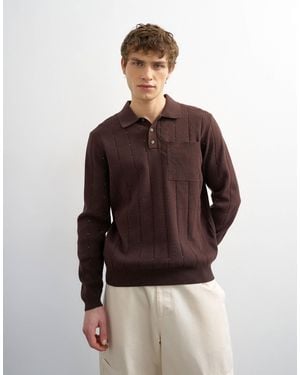 TOPMAN Classic Fit Long Sleeve Pointelle Knitted Polo - Brown