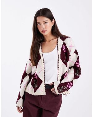 Miss Selfridge Floral Argyle Cardigan - White