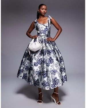 ASOS Jacquard Midi Dress With Full Skirt - Blue