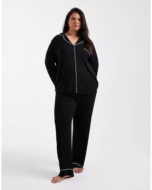 ASOS Asos Design Curve Super Soft Long Sleeve Shirt & Pants Pyjama Set With Contrast Piping - Black
