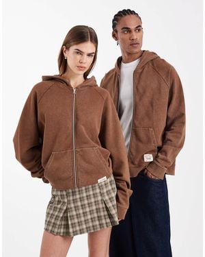Collusion Circular Design Collection Unisex Heavyweight Boxy Zip Hoodie - Brown