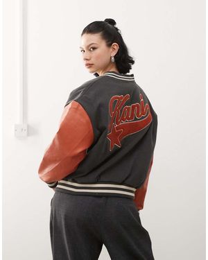 Karlkani Chaqueta Negra De Estilo Universitario Con Logo Retro De Estrella De - Rojo