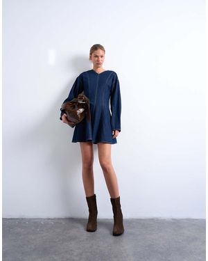 TOPSHOP Denim Long Sleeve Flared Mini Dress - Blue