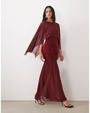 Kaiia Exclusive Double Layered Slinky Drop Waist Floaty Mesh Cape Overlay Sheer Hem Maxi Dress
