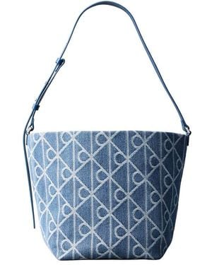 Calvin Klein Denim Bucket Bag With Allover Emblem Print - Blue