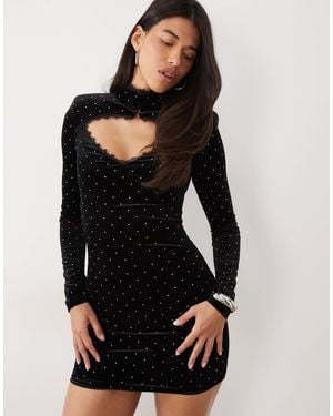 Ruched & Ready Velvet Hotfix Mandarin Collar High Neck Lace Trim Shoulder Pad Mini Dress - Black