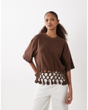 ASOS Boxy T-Shirt With Macrame Hem - Brown