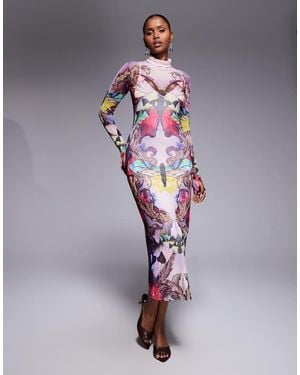 AFRM Shailene Long Sleeve Turtleneck Mesh Midi Dress - Purple