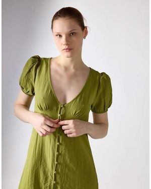 Glamorous Button Front Deep V-Neck Midi Dress - Green