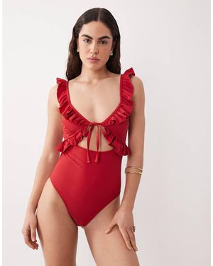 Miss Selfridge Frill Cut Out Swimsuit - Red