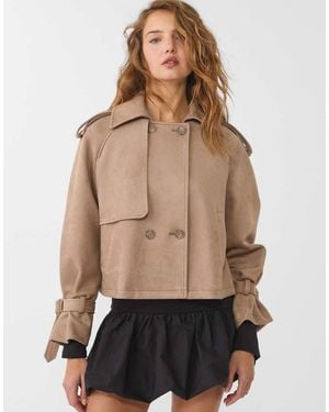 Stradivarius Short Faux Suede Trench Coat - Natural