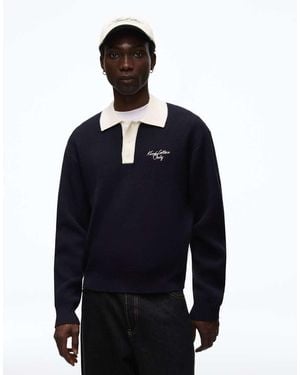 Bershka Embroidered Knitted Polo Shirt - Blue