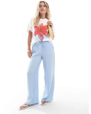 Stradivarius Petite Linen Look Pull On Crinkle Trouser - Blue