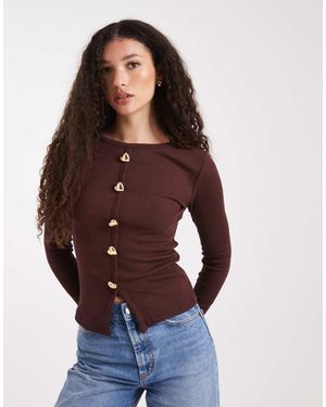 New Look Heart Button Ribbed Long Sleeve Top - Blue